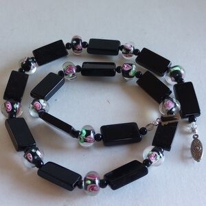 Elegant Black Onyx INVERTED PAINT FLOWERS ART GLASS  Necklace 19" LONG.